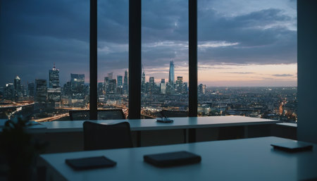 Modern office interior with a panoramic view of the city at nightの素材