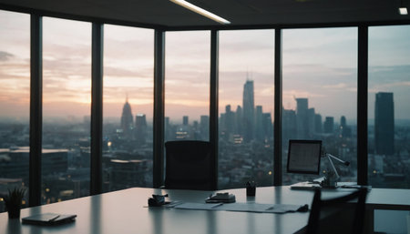 Businessman working in an office with cityscape view from the windowの素材