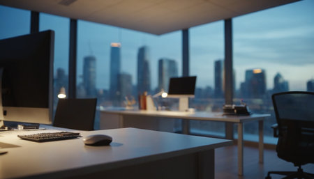Close-up of a desk in a modern office with a city viewの素材