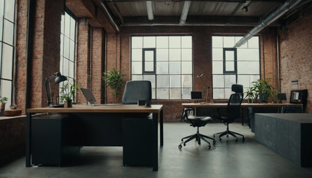 Modern loft office interior with brick walls and concrete floor. Nobody insideの素材