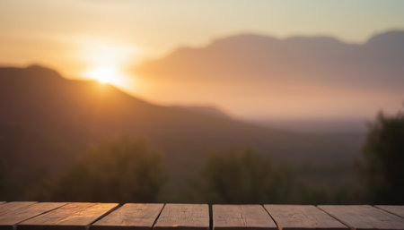 Wooden table top on blurred background of mountain landscape at sunset.の素材