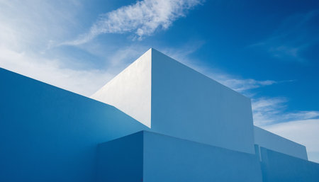 Blue wall with blue sky and white clouds background. Abstract architectural background.の素材