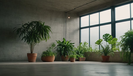 3d rendering of an empty room with plants in pots on the floorの素材