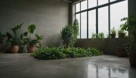 Interior of a modern house with plants in pots on the floorの素材