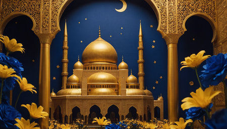 3d illustration of golden mosque with blue background and yellow flowers.の素材