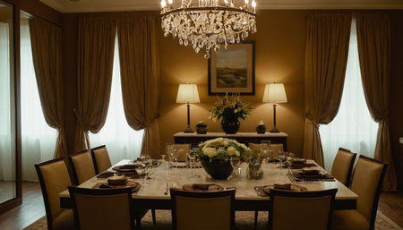Interior of a luxury dining room with a glass vase with flowersの素材