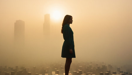 Silhouette of a beautiful woman in a green coat against the background of the cityの素材