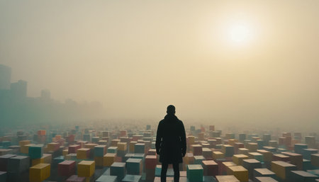 Silhouette of a man standing in front of a lot of cubesの素材