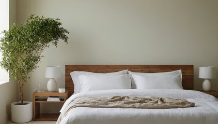 Interior of modern bedroom with white bedding and wooden bedside tableの素材