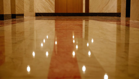 Lighted candles on the marble floor in the interior of the roomの素材