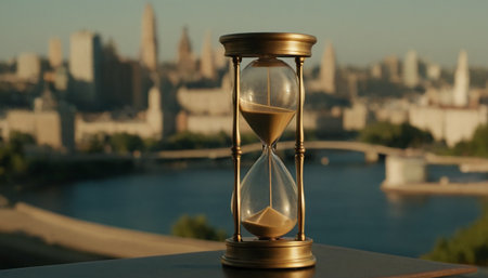 Hourglass on the background of the city. The concept of time passing.の素材
