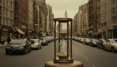 Old hourglass on the street of the city. Concept of time passing by.の素材