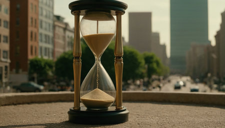 Hourglass on the background of the city. Time management concept.の素材