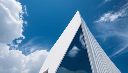 Modern office building with blue sky and white clouds. Perspective view.の素材