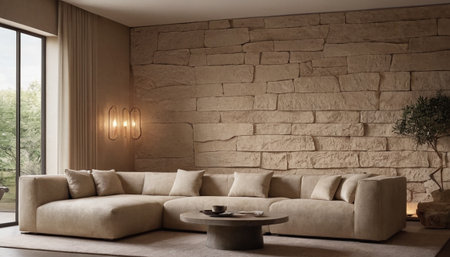 Modern bright interiors 3D rendering illustration. Living room with sofaの素材