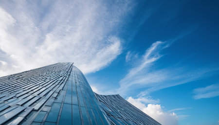 Modern skyscrapers on a background of blue sky with white cloudsの素材