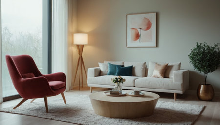 Living room interior with sofa, coffee table, coffee table and lampの素材