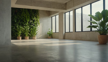 Modern loft interior with concrete floor and plant. 3D Renderingの素材