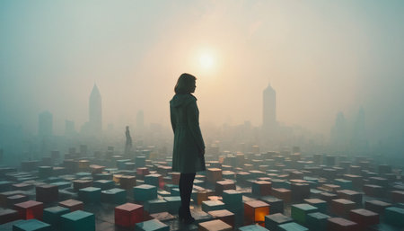 Silhouette of a woman standing in front of a lot of boxes in a foggy cityの素材