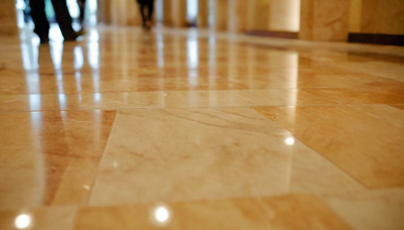 Blurred image of business people walking in the lobby of a modern office buildingの素材