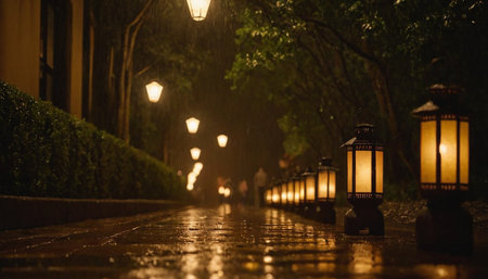 Wet street in the rain at night with lanterns and treesの素材