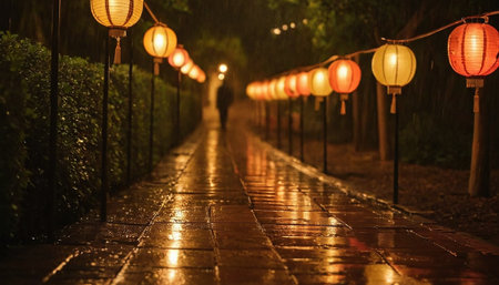 Lanterns in the rain at night,Thailand.の素材