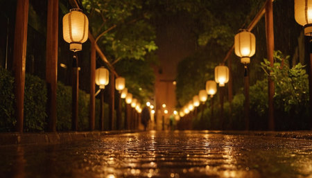 Rainy night in the street with lanterns and trees in the backgroundの素材