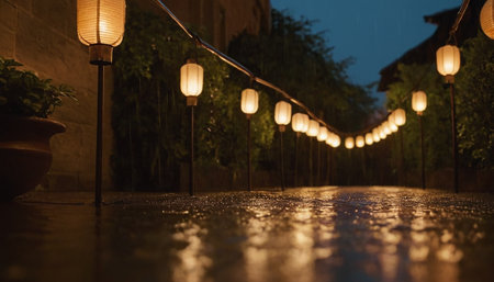 Lanterns on the street at night in the rain.の素材