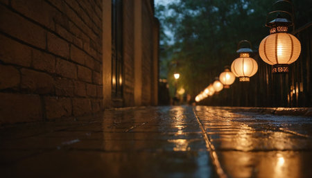 Lanterns on the street at night in the city.の素材