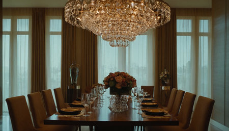 Dining room interior with crystal chandelier and elegant tablewareの素材