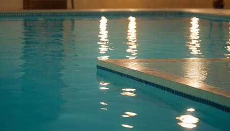 Swimming pool with blue water in the morning light, soft focusの素材