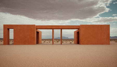 3D rendering of an orange building in the middle of the desertの素材