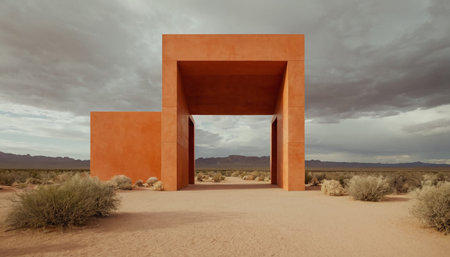 3d rendering of an entrance in the desert with a cloudy skyの素材