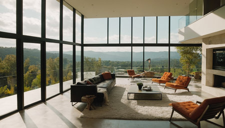 Luxury living room with panoramic window overlooking the countrysideの素材