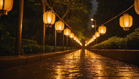 Lanterns on the street at night in the rain.の素材