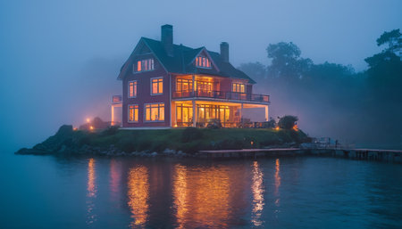 Luxury house on the bank of the river in the morning fogの素材