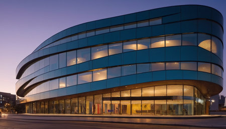 Modern office building in the evening, Moscow, Russia. Long exposure.の素材