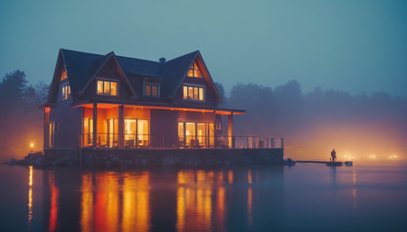 Beautiful cottage on the lake in a foggy misty morningの素材