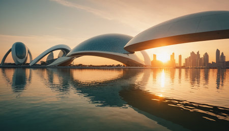 Cityscape of Heydar Aliyev Center at sunset, Abu Dhabi, UAEの素材