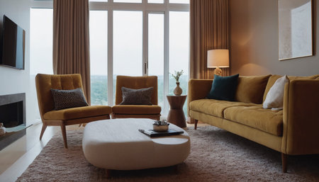 Modern living room interior with yellow sofa, coffee table, coffee table and pillowsの素材