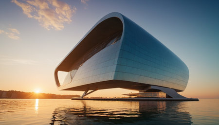 Modern architecture on the water. 3d render concept of business successの素材