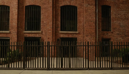 Old brick building with iron lattice and black fence on the streetの素材