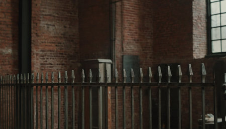Old iron fence in front of a brick wall in a loft styleの素材
