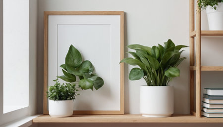 White frame mockup with green plant in white vase on wooden shelf.の素材