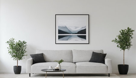 Modern living room interior design with gray sofa and black frame on wall. 3d renderの素材