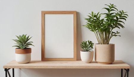 Mock up poster frame on bookshelf with houseplantsの素材
