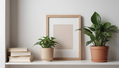 Modern scandinavian interior with books, plants and picture frame. Mock up, 3D Renderingの素材