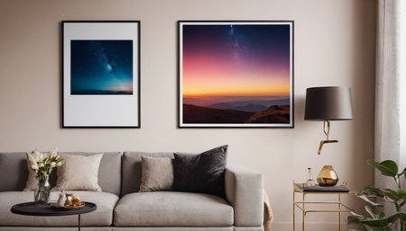 Modern living room interior with sofa, coffee table and pictures on wallの素材