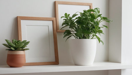 White shelf with green plant in pot and photo frames on white wallの素材
