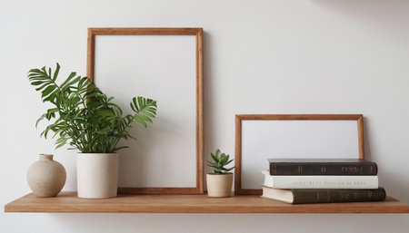 Wooden shelf with books, plants and wooden frame on white wallの素材